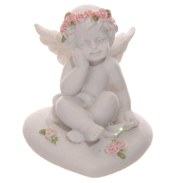 CHE103_002 Collectable Cherub Sitting on Heart with Pink Roses