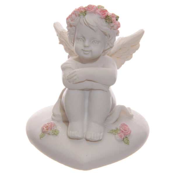 CHE103_004 Collectable Cherub Sitting on Heart with Pink Roses