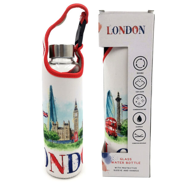Reusable 500ml Glass Water Bottle with Protective Neoprene Sleeve - London Icons