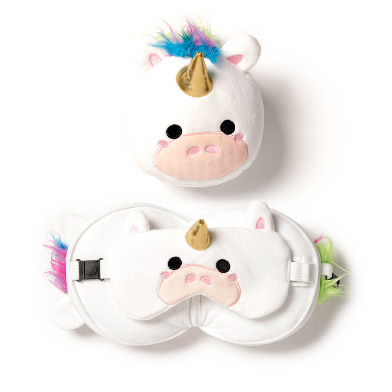 CUSH258_001 Unicorn Relaxeazzz Plush Round Travel Pillow & Eye Mask Set
