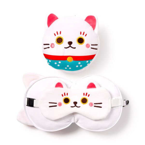 CUSH320_001 Maneki Neko Lucky Cat Relaxeazzz Travel Pillow & Eye Mask Set
