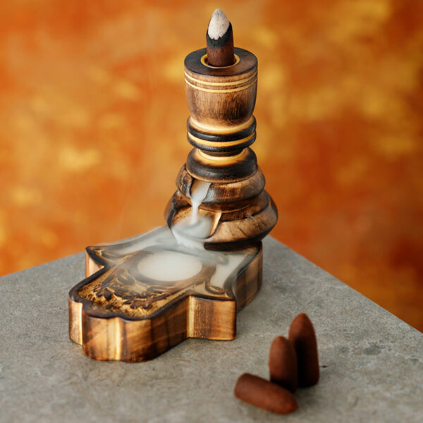 Carved Mango Wood Backflow Incense Burner - Hamsa