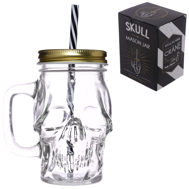 JAR29_001 Glass Drinking Jar with Lid & Straw - Skull Shaped