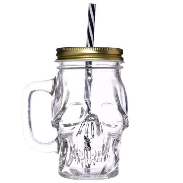 JAR29_002 Glass Drinking Jar with Lid & Straw - Skull Shaped