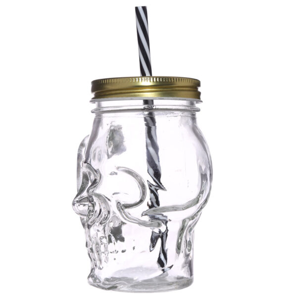 JAR29_003 Glass Drinking Jar with Lid & Straw - Skull Shaped