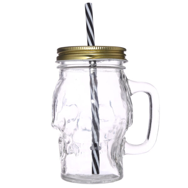 JAR29_004 Glass Drinking Jar with Lid & Straw - Skull Shaped