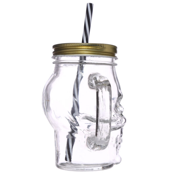 JAR29_005 Glass Drinking Jar with Lid & Straw - Skull Shaped