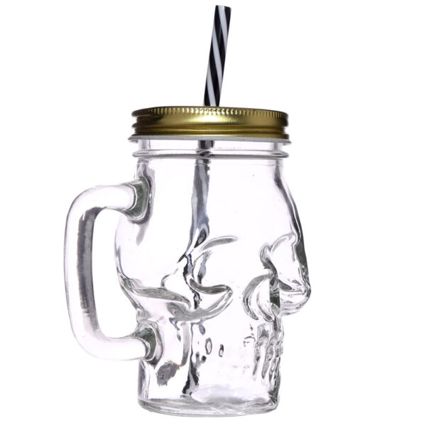 JAR29_006 Glass Drinking Jar with Lid & Straw - Skull Shaped