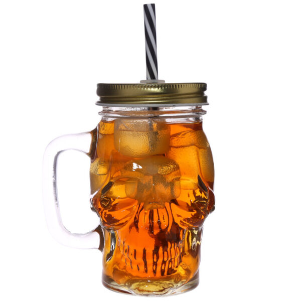 JAR29_007 Glass Drinking Jar with Lid & Straw - Skull Shaped