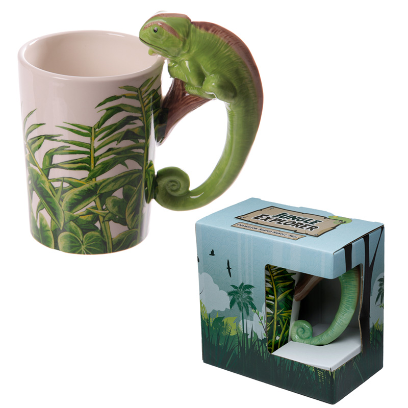Novelty Ceramic Rainforest Mug -  Decal Chameleon Shaped Handle