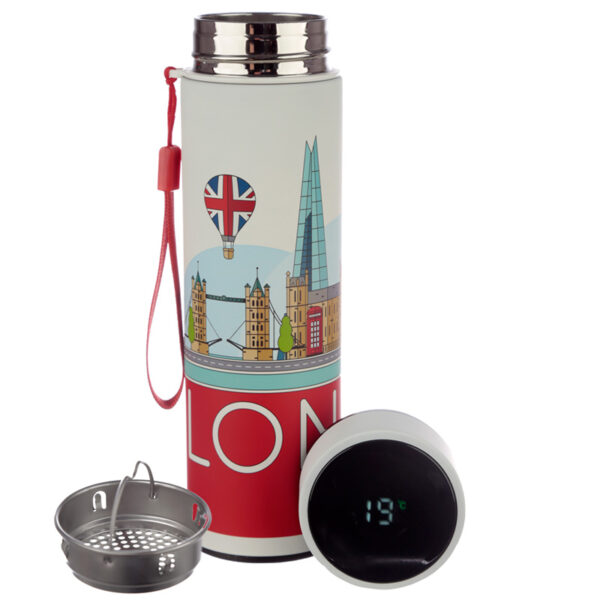 Reusable Stainless Steel Hot & Cold Insulated Drinks Bottle, Digital Thermometer, London Icons