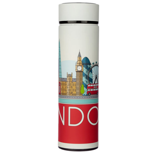 Reusable Stainless Steel Hot & Cold Insulated Drinks Bottle, Digital Thermometer, London Icons