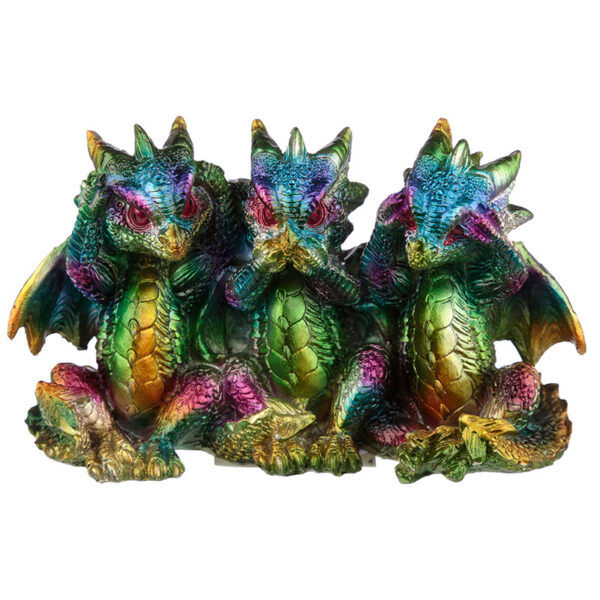 DRG469_001 Hear No See No Speak No Metallic Rainbow Dragon Figurine