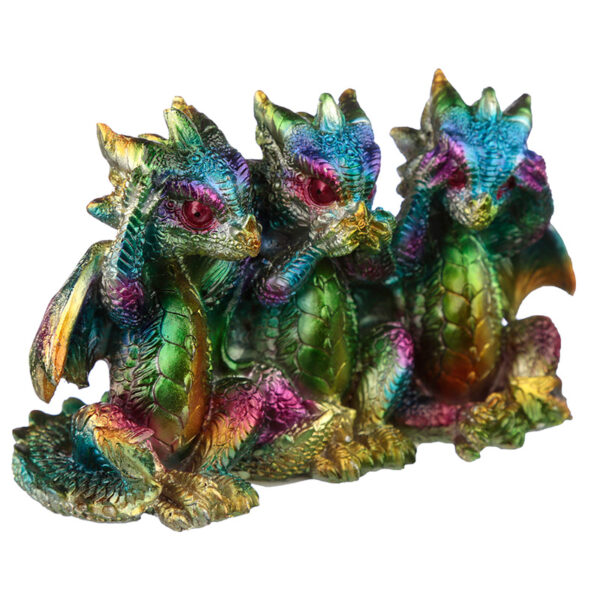 DRG469_004 Hear No See No Speak No Metallic Rainbow Dragon Figurine