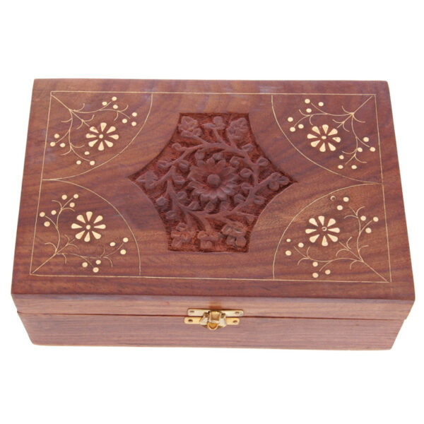 IF192_003 Decorative Sheesham Wood Floral Compartment Box Large