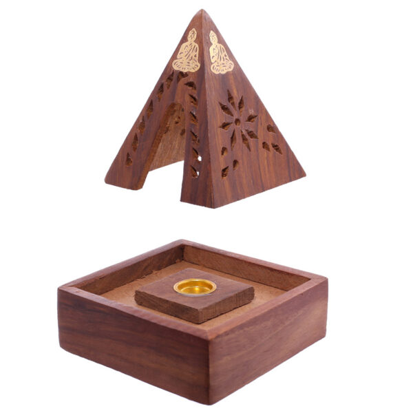 IF203_005 Decorative Sheehsam Wood Incense Cone Pyramid Box