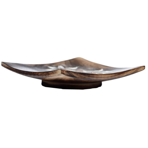 IF237_002 Mango Wood Square Carved Flowers Ashcatcher Incense Sticks Burner