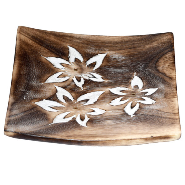 IF237_003 Mango Wood Square Carved Flowers Ashcatcher Incense Sticks Burner