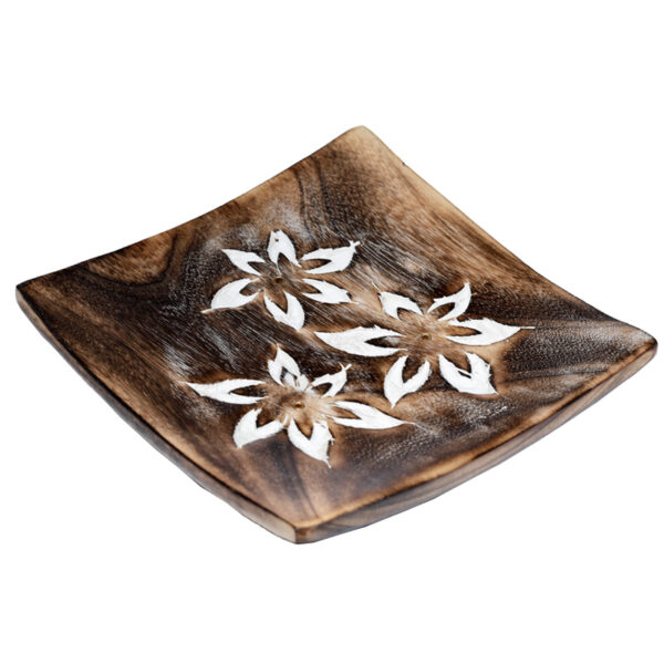 IF237_004 Mango Wood Square Carved Flowers Ashcatcher Incense Sticks Burner