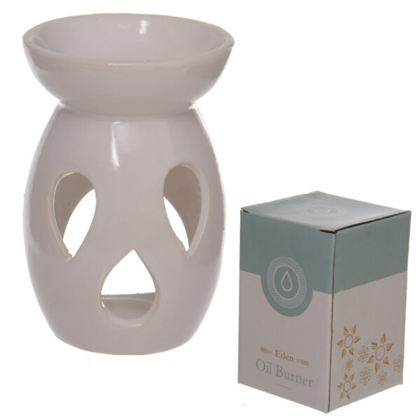 OB159_001 Simple Tear Drop Cut-Out White Ceramic Oil and Wax Burner
