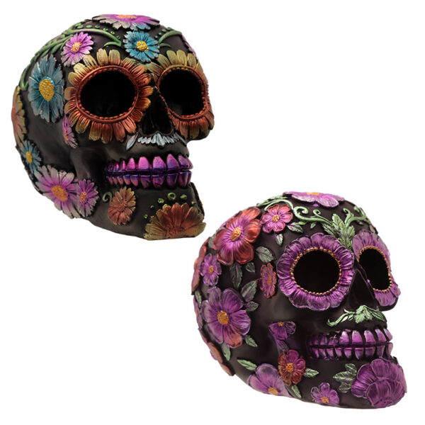 SK278_001 Gothic Metallic Day of the Dead Flower Skull Decoration