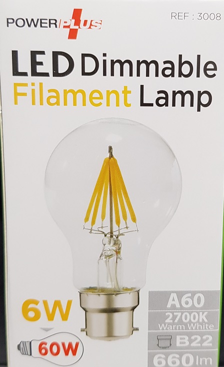 Powerplus Dimmable Filament BC 2700K Led GLS Bulb 6w = 60 Watts