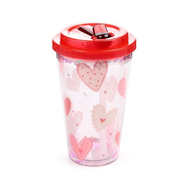 Shatterproof Double Walled Cup with Lid and Straw - Amore Hearts