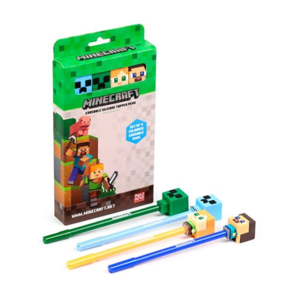 PEN314_001_1758018860 Set of 4 Erasable Pens with Silicone Topper - Minecraft Chibi